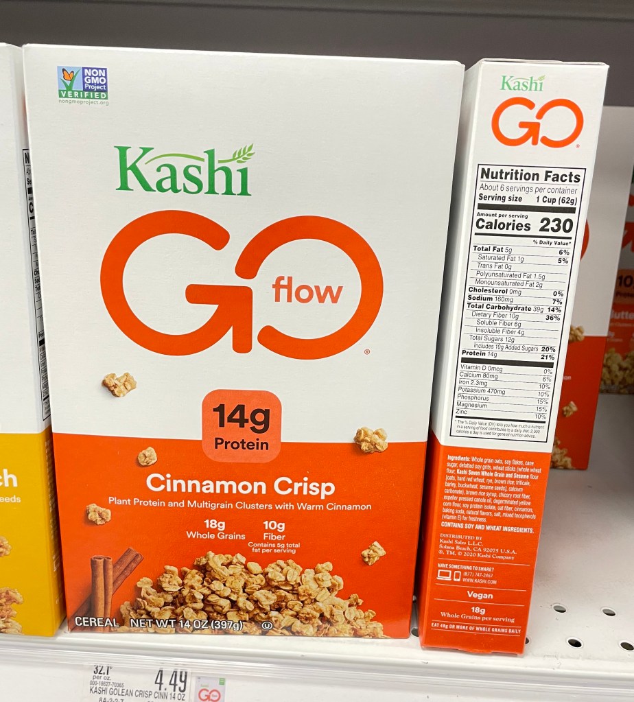 Kashi Go Cinnamon cereal and nutrition facts label