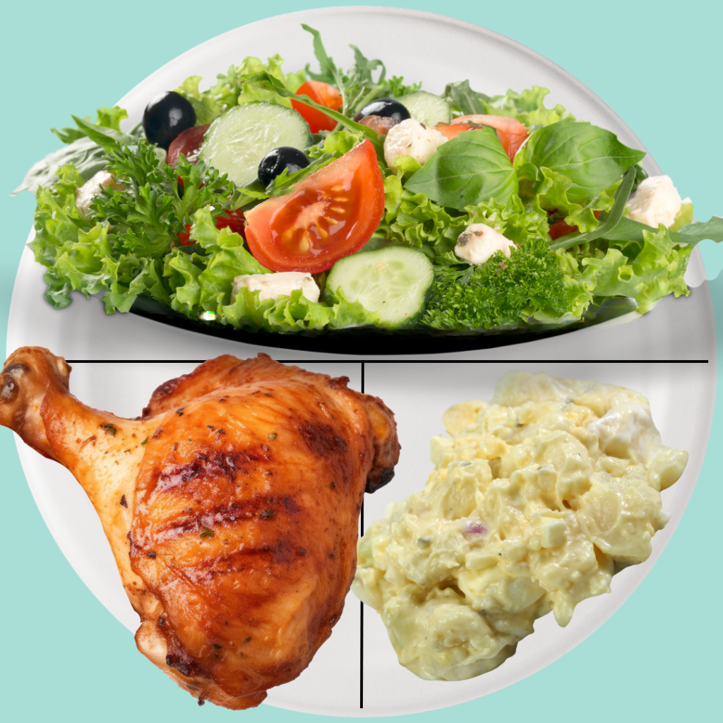 Balance plate for diabetes with BBQ grilled chicken, salad and potato salad